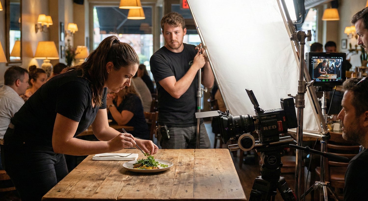 A woman is seen plating food at a table in a restaurant, while a film crew films her, with a camera, lighting, and crew members present.
