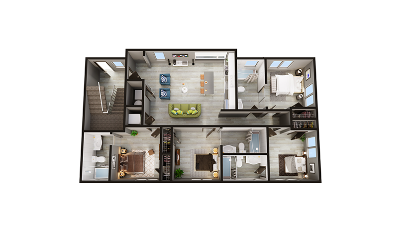 3D floor plan of a modern apartment with two bedrooms, two bathrooms, a living room with a green sofa, an open kitchen with an island, and a laundry area.
