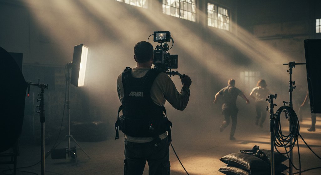 Behind the scenes of a film shoot with a camera operator filming actors running in a studio with lighting equipment and fog.