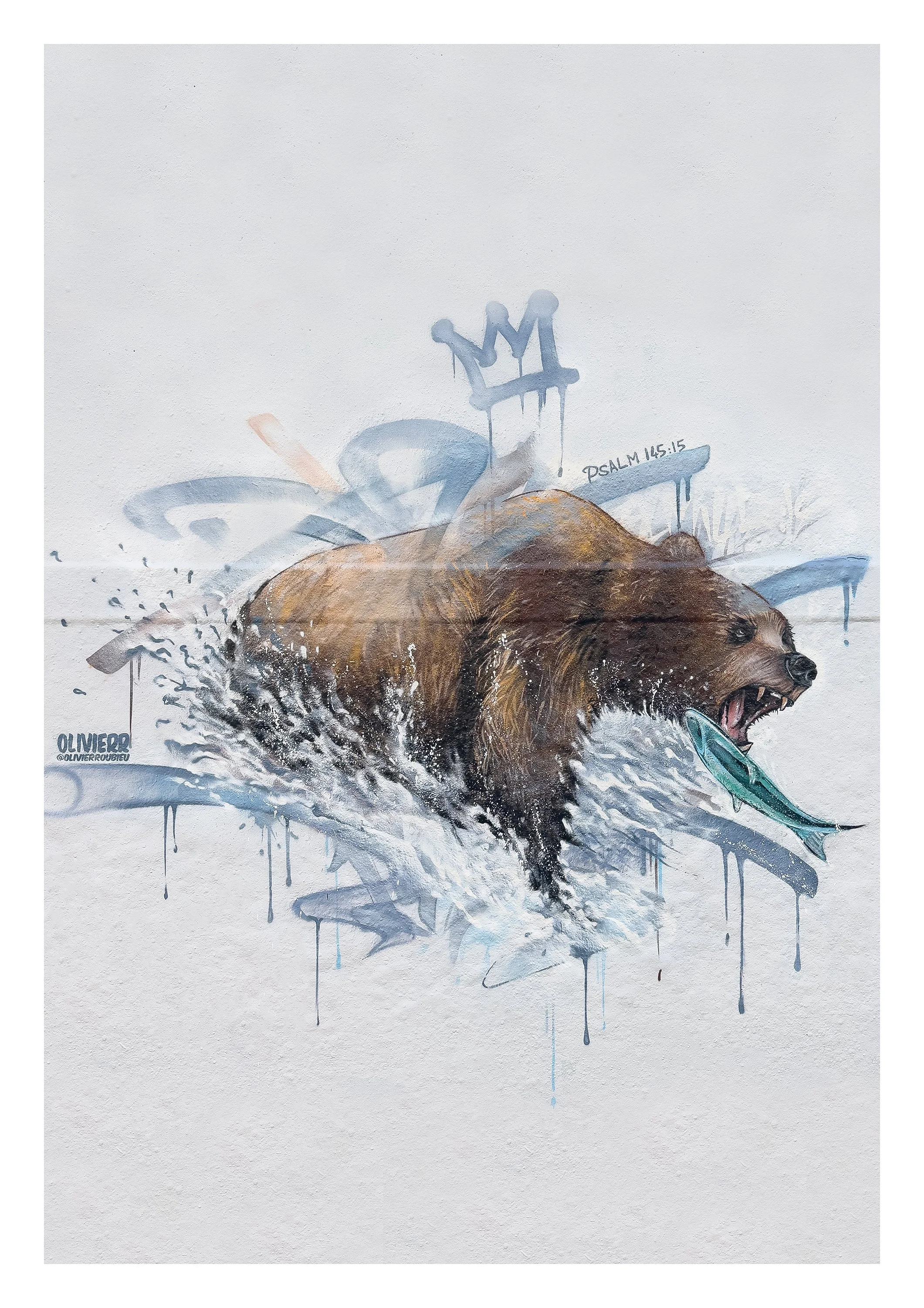 street art painting of a bear in water fishing for fish