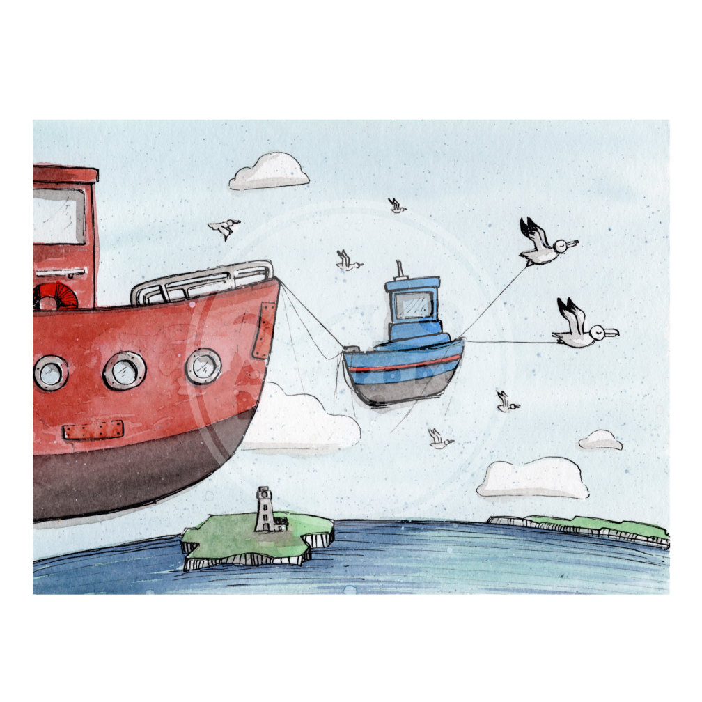 Sky Towboat - Ink and Watercolours Drawing by Antipode Bird- Fine Art Print