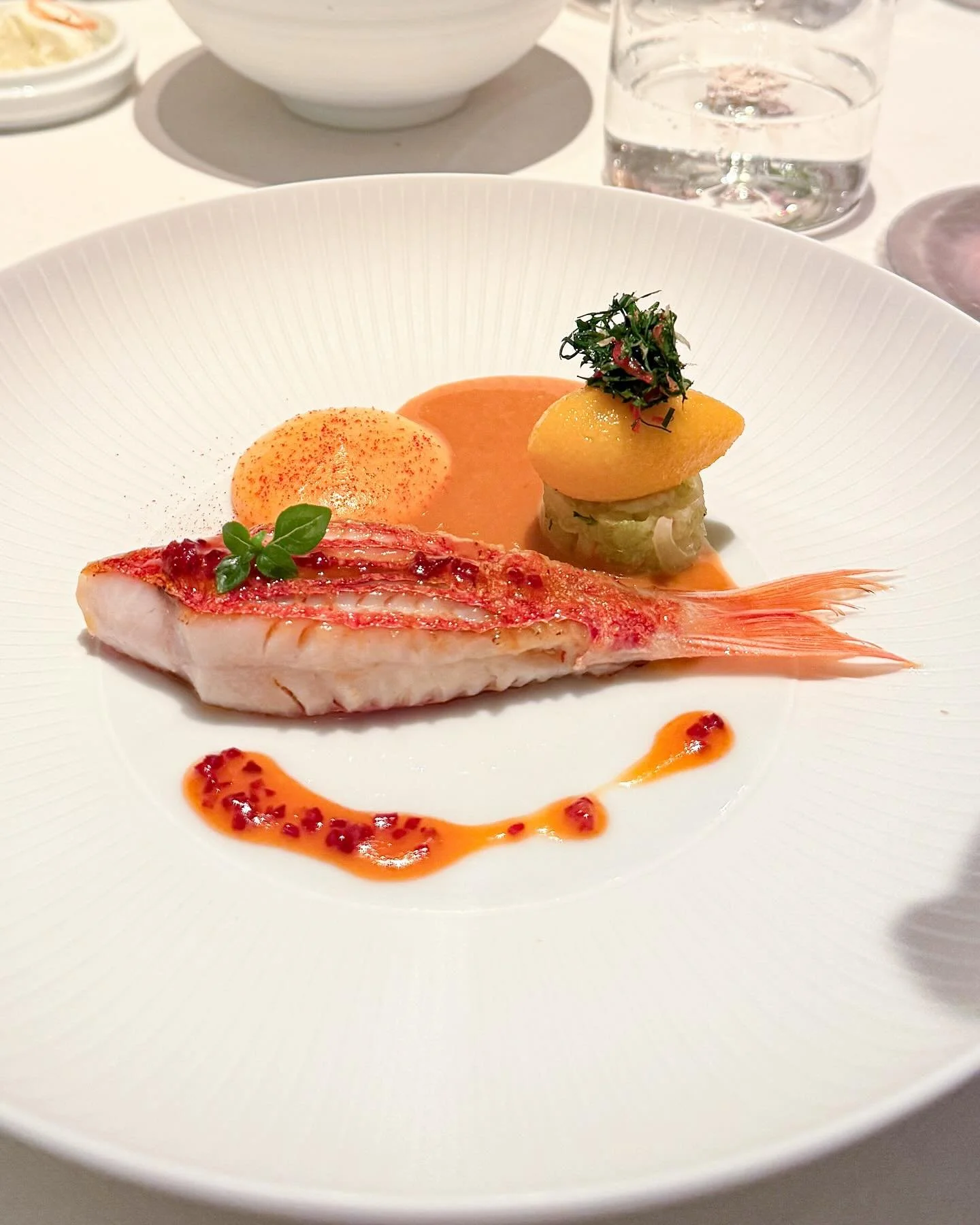 Red mullet with grilled pepper sabayon, crocus polenta and sauce pastis. At three-Michelin-starred &quot;Haerlin&quot; in Hamburg. 
&mdash; 
#redmullet #haerlin #christophr&uuml;ffer  #troisetoiles_hamburg @fairmont_hotelvierjahreszeiten 
.
.
#mystor