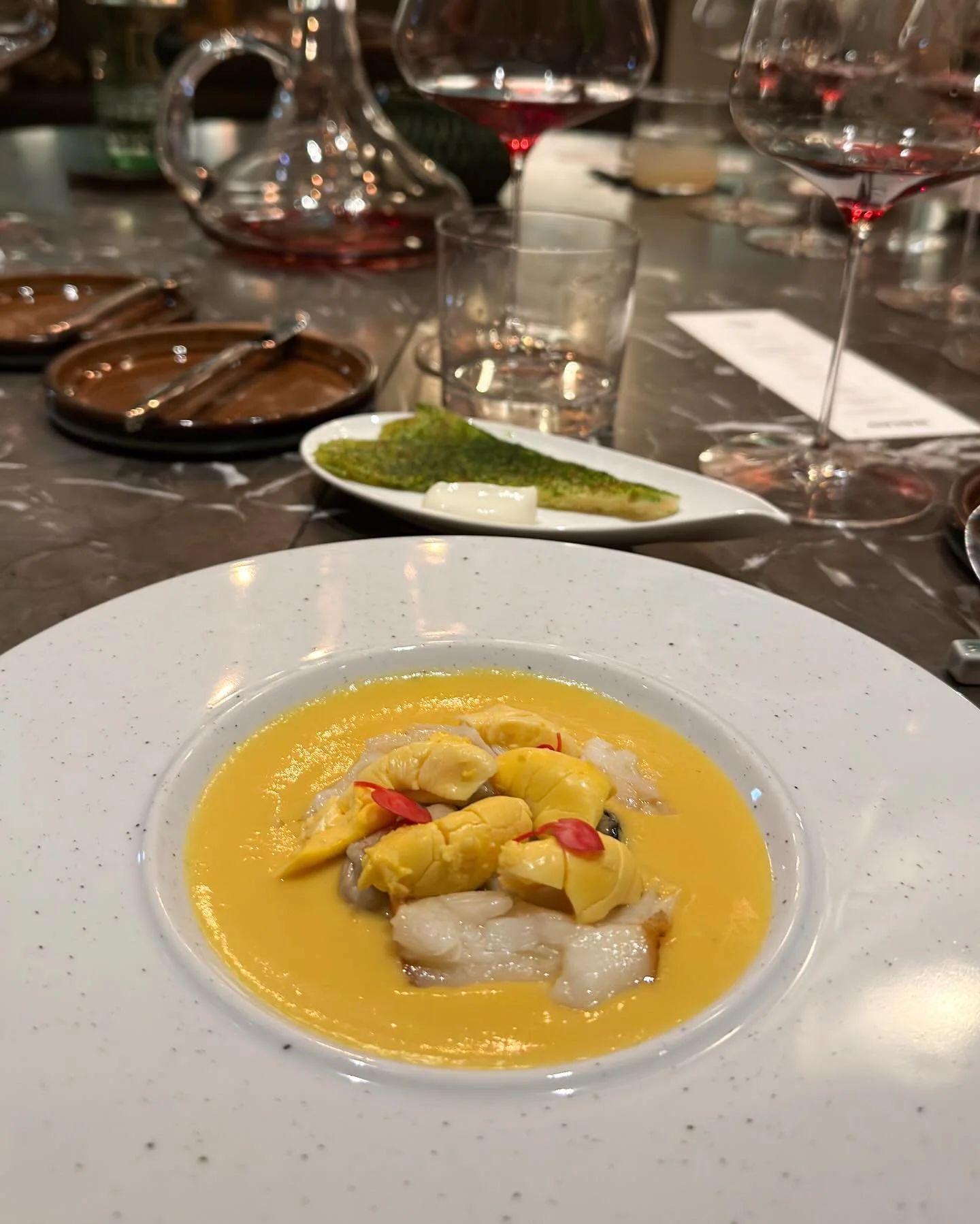 Ackee fruit, smoked halibut, coconut, peppers. At Polish-Jamaican &quot;Criss Studio&quot; in Hamburg. 
&mdash; 
#ackee #crissstudio #troisetoiles_hamburg 
.
.
#mystorywithmichelin #michelinplate #michelinfood #delicious #eeeeeats #food #foodie #food