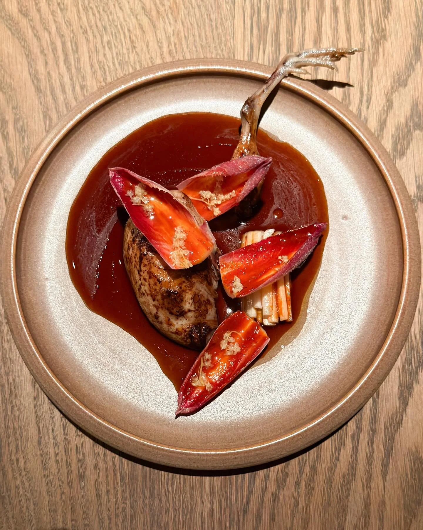 Quail, rosehip gochujang, szechuan. At two-Michelin-starred "Flore" in Amsterdam. 
&mdash; 
#quail #gochujang #twomichelinstars #troisetoiles_amsterdam @restaurant.flore @basvankranen