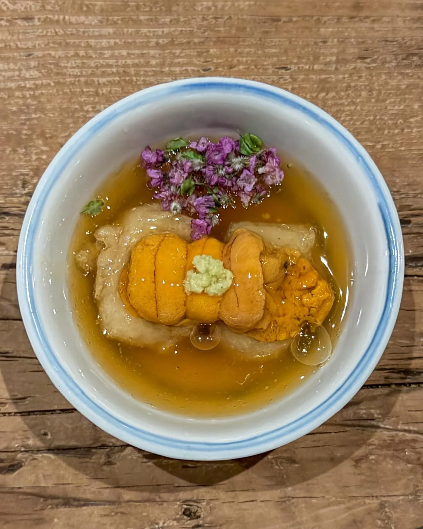 Kuzu tofu, Hokkaido uni, katsuo broth, wasabi, shiso. At @odo.eastvillage in New York. 
&mdash; 
#odoeastvillage #troisetoiles_ny