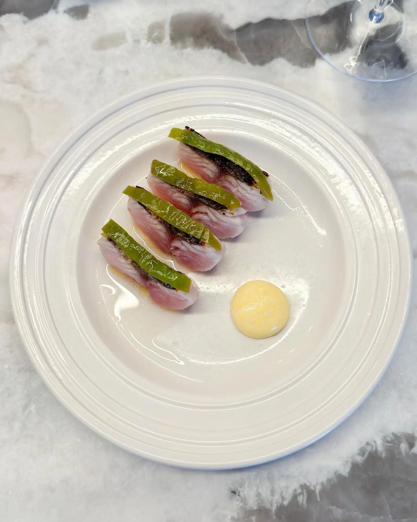 Mackerel + long hots. At seafood restaurant @penny_newyork. 
&mdash; 
#pennynyc #troisetoiles_ny