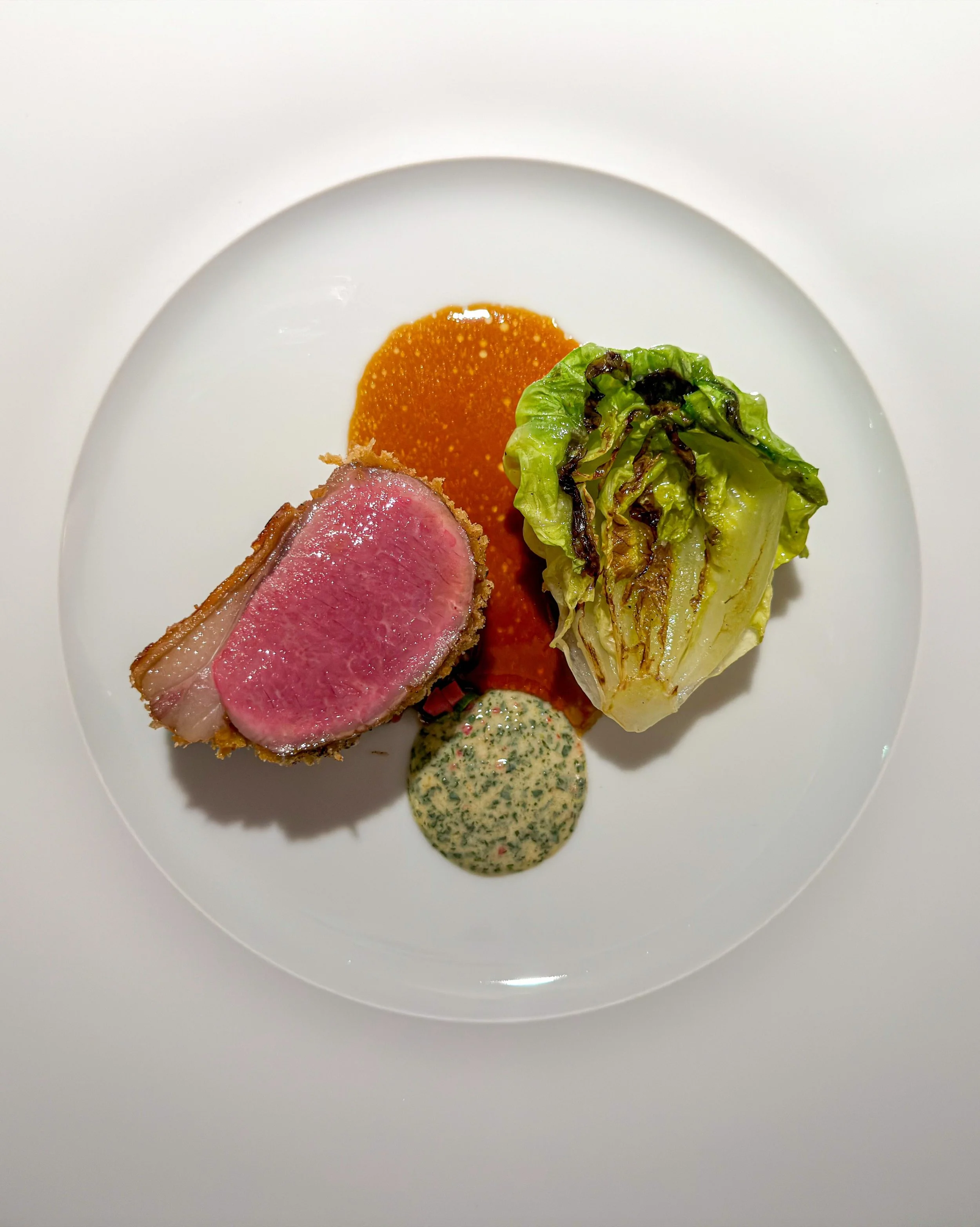 Lamb from Polting estate, lettuce, chimichurri, sherry sauce. 

Recently at Germany's latest three-Michelin-starred restaurant L.A. Jordan in Deidesheim.
&mdash; 
#lamb #threemichelinstars