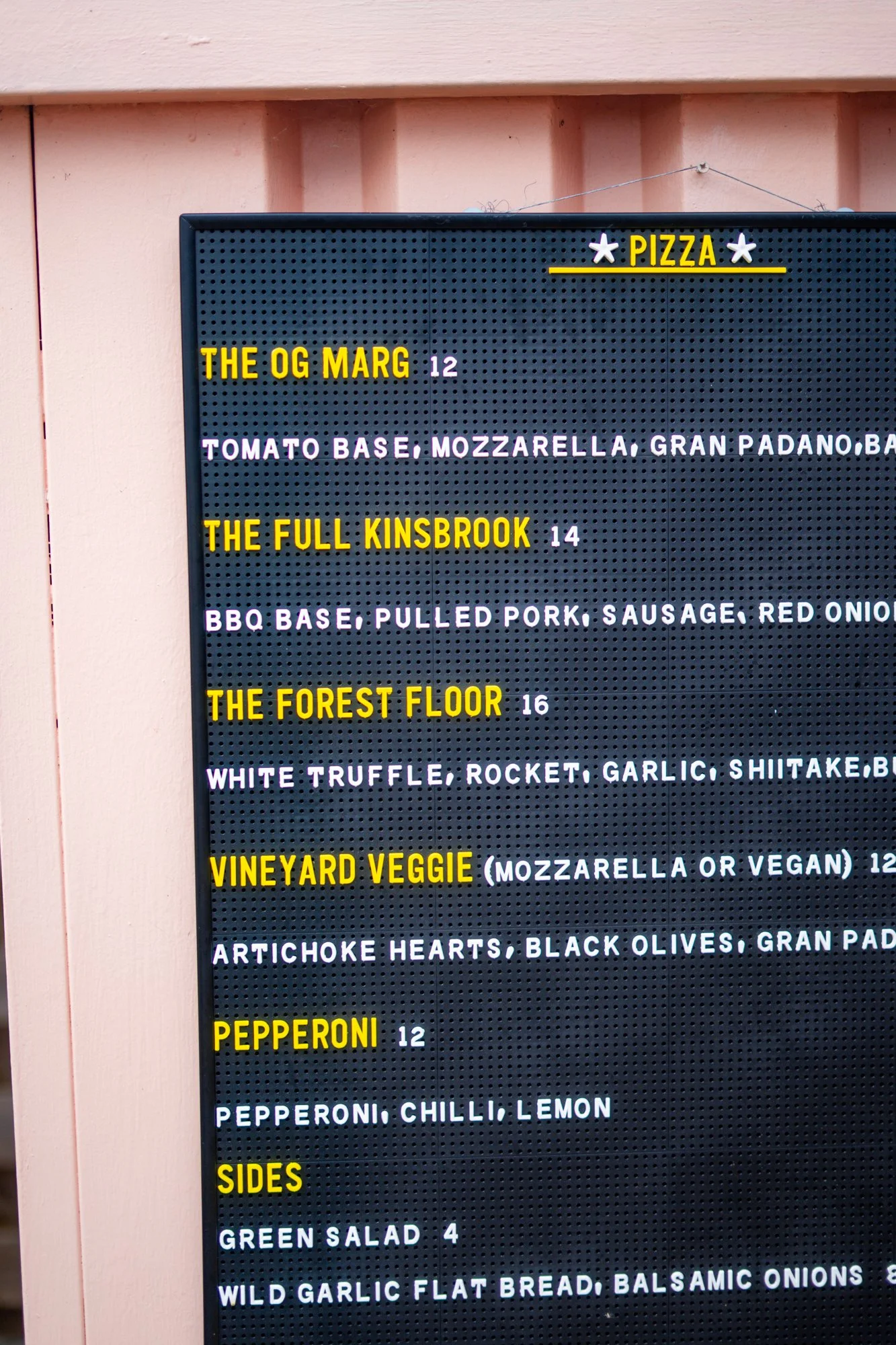 The Pizza Menu on the Pink Bar at Kinsbrook Vineyard