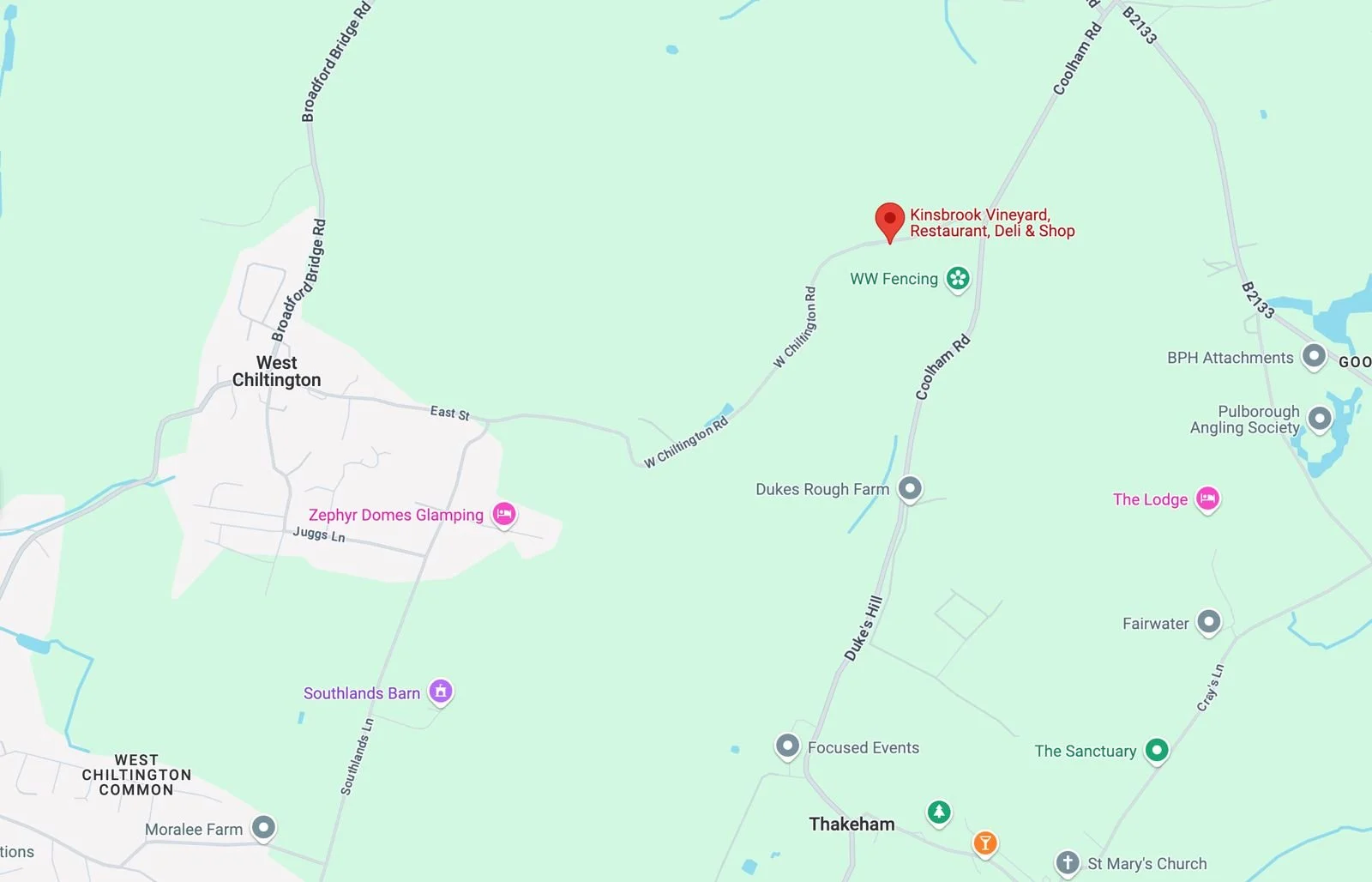 A wider map screenshot showing the location of Kinsbrook in proximity to West Chiltington and Thakeham