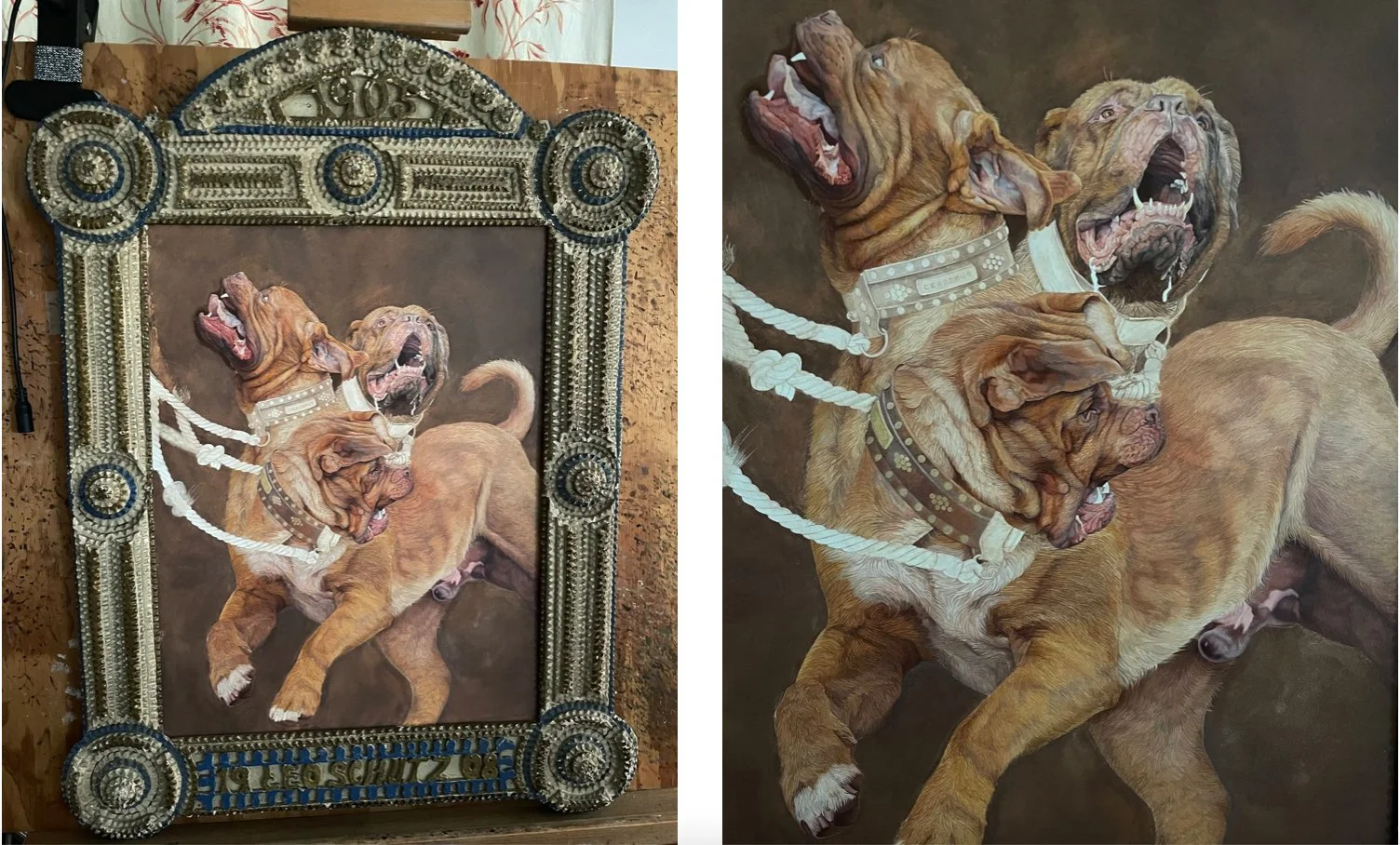 Painting of three dogs with muscular builds, one with its mouth open and two with their mouths closed, surrounded by an ornate bejeweled frame.