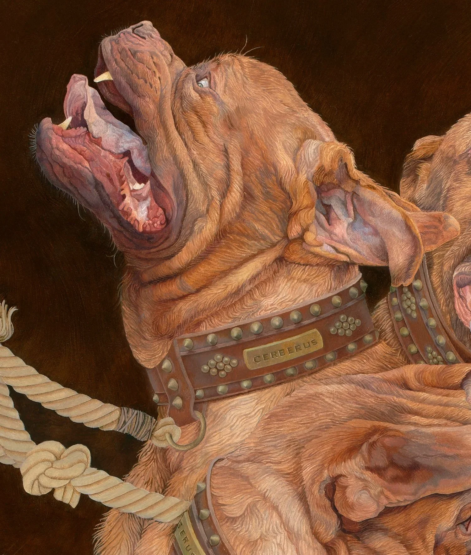 A painting of a dog with its mouth open, panting happily, showcasing its playful and energetic demeanor.