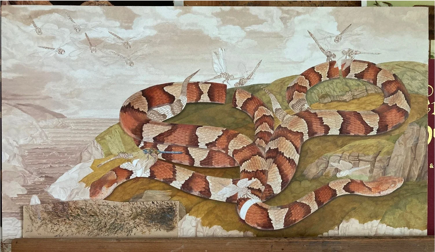 A painting of a large, coiled snake with red, white, and black bands on a rocky, hilly landscape, with dragonflies flying above and around it.