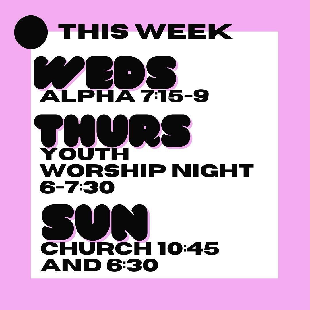 What&rsquo;s going on this week&hellip;
(29/01/24-04/02/24)

Weds &mdash;&mdash; ALPHA 7.15-9 &mdash;&mdash; free meal and chat about big topics of life and faith (for year 11 + 12 + 13)

Thurs &mdash;&mdash; YOUTH WORSHIP NIGHT 6-7.30 &mdash;&mdash;