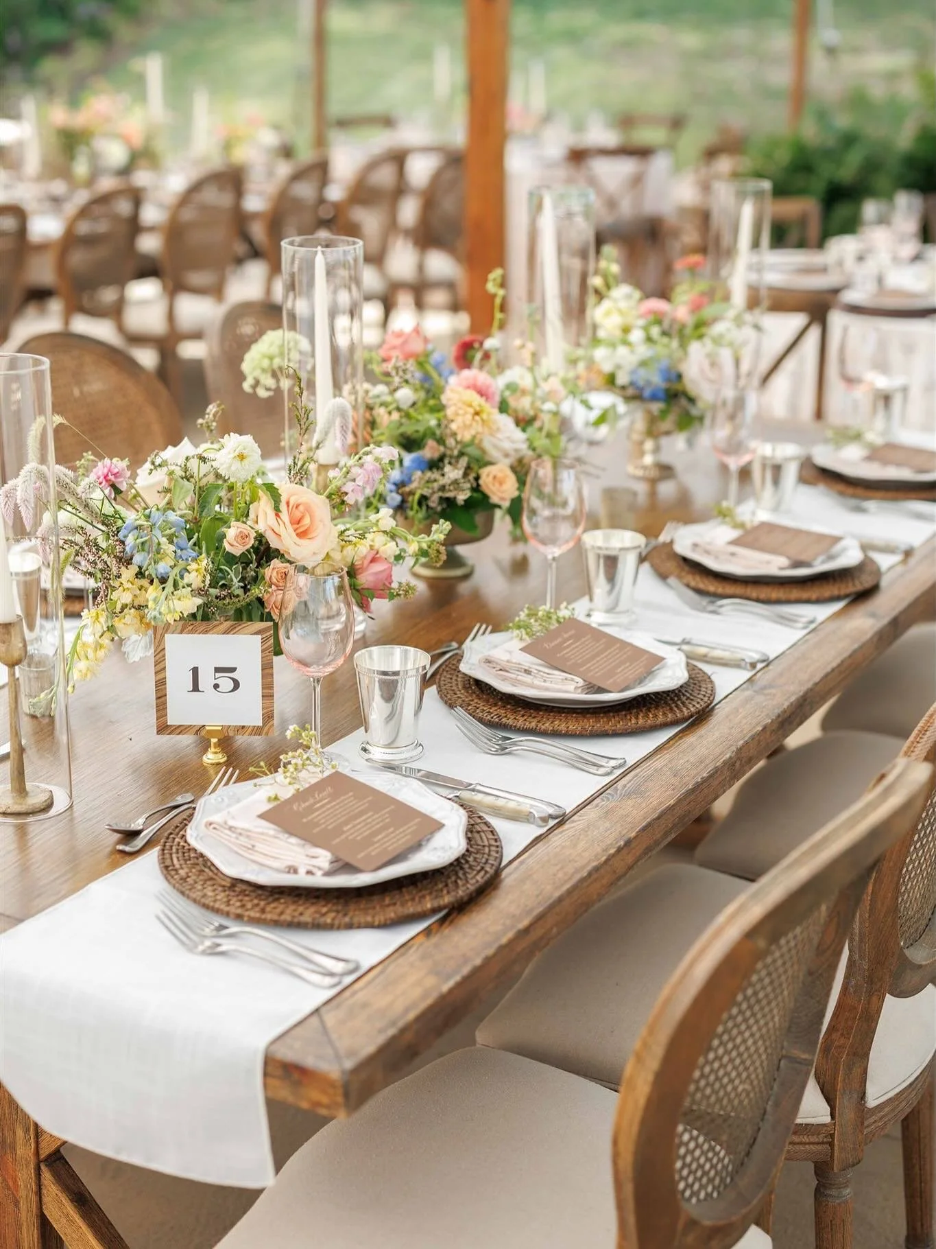 Silver mint julep cups adorned tables as guests enjoyed their evening celebrating Sissy and Alex 🤍 a truly beautiful evening! 

Photo: @conrhod 
Rentals: @alloccasionseventrental @bryantsrentall @stradleydavidson 
Catering: @apiaryonjefferson 
Flora