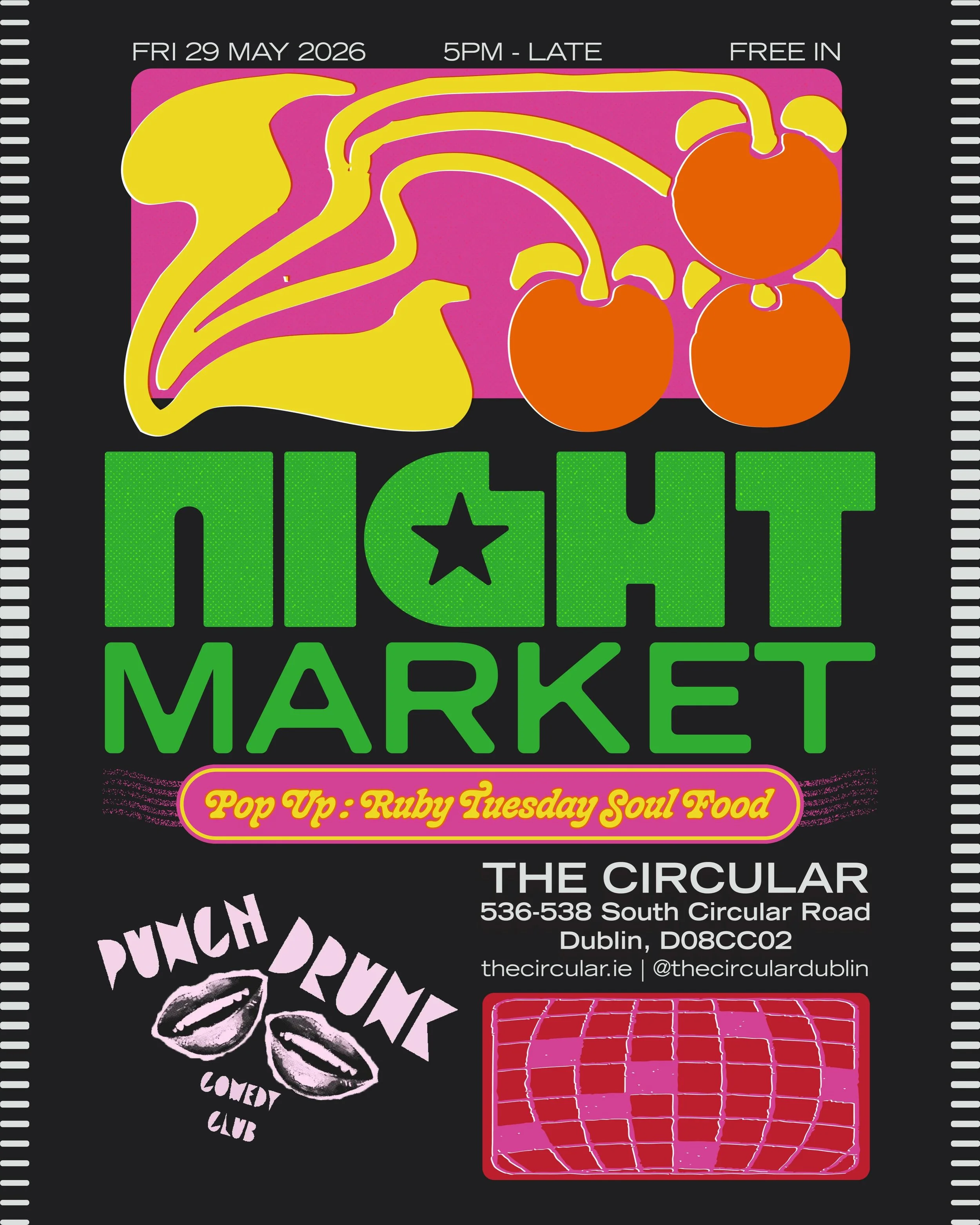 May 29th the Night Market is back 
Grubbin with @ruby_tuesdays_soul_food123 and of course @cokelanepizza 
Getting the laughs in from 8pm with Punch Drunk Comedy Club @punchdrunkcomedydub 

Vintage, Tooth gems, Tarot readings and more joining us

#mar