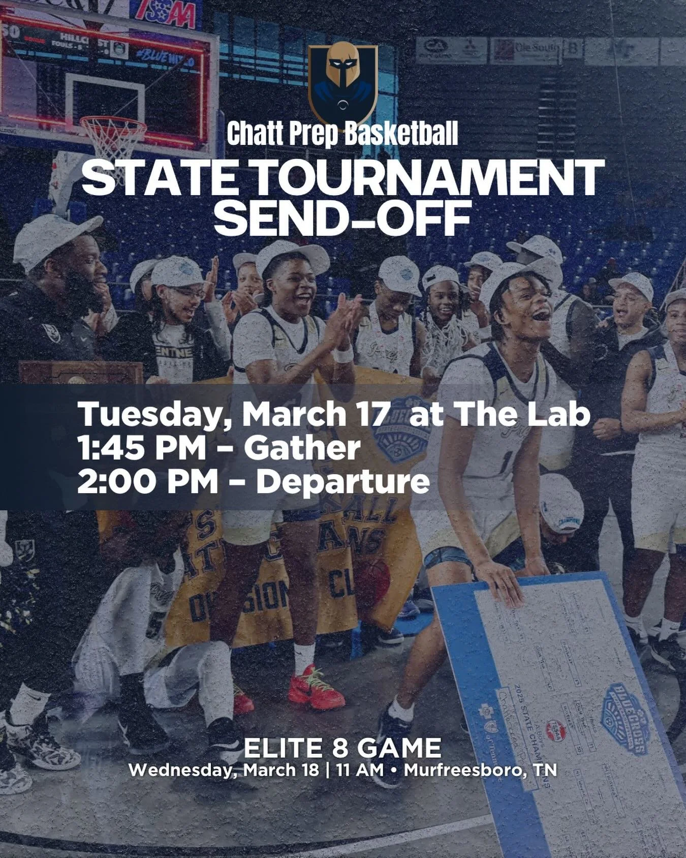 3X STATE TITLE RUN STARTS NOW. Come stand with us as we send our team off to compete for their 3rd straight state title. Today at 1:45PM📍 The Lab(Chatt Prep Gym) &bull; If you can&rsquo;t make the send-off meet us in Murfreesboro.