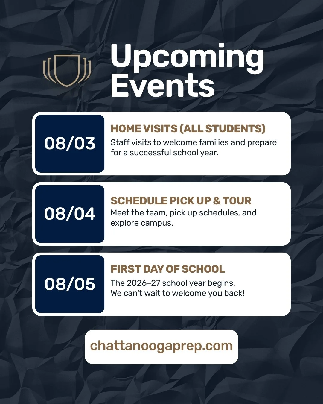 The new school year is almost here! Be sure to check out these upcoming dates and visit chattanoogaprep.com to view the Master Calendar, important deadlines, and key events throughout the year. We can't wait to welcome our Sentinels back for another 
