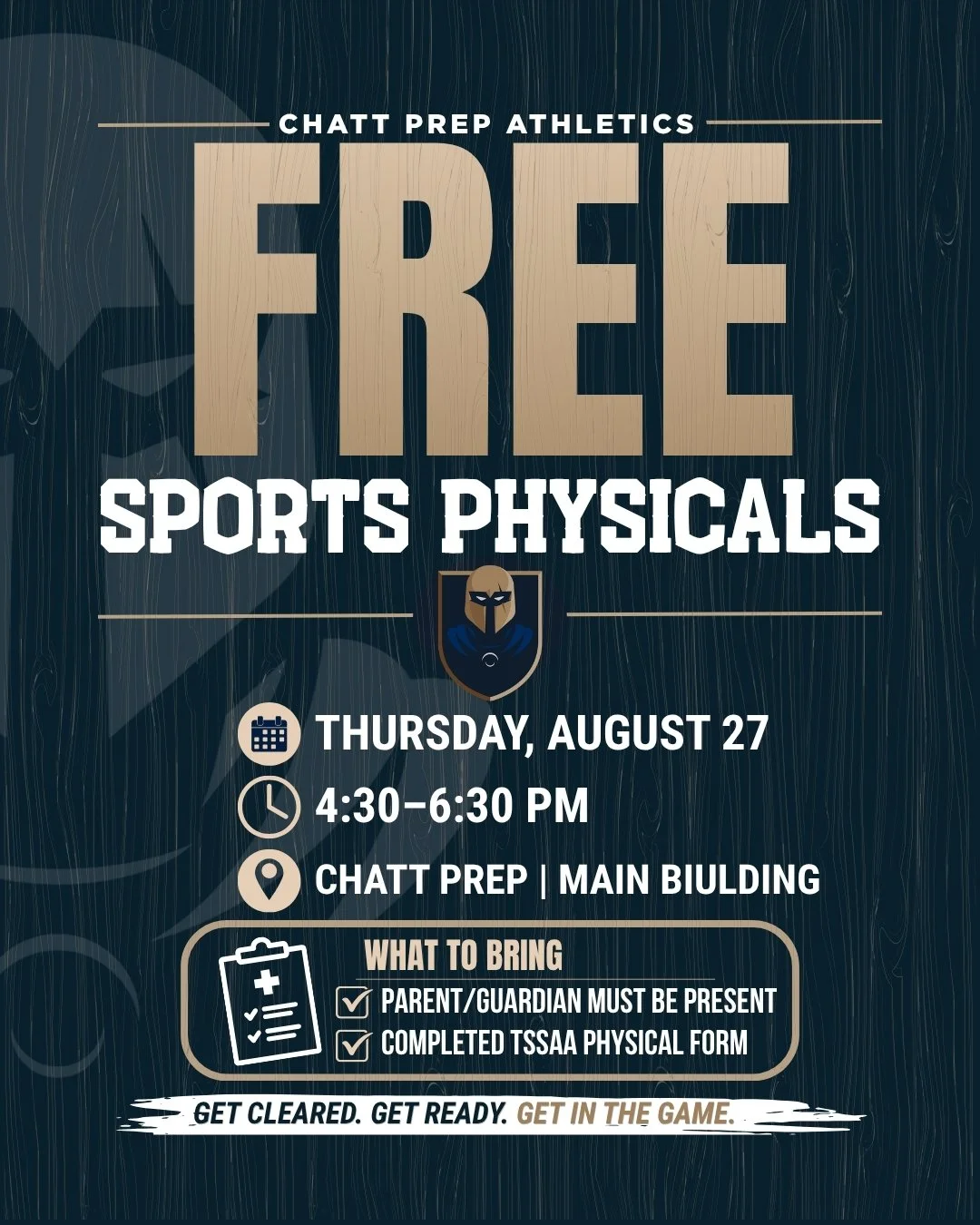 FREE SPORTS PHYSICALS are coming to Chatt Prep!
Thursday, August 27 | 4:30&ndash;6:30 PM | Chatt Prep&ndash;Main Building 
A parent or guardian must be present. Families should also complete as much of the TSSAA physical form(link in bio) as possible