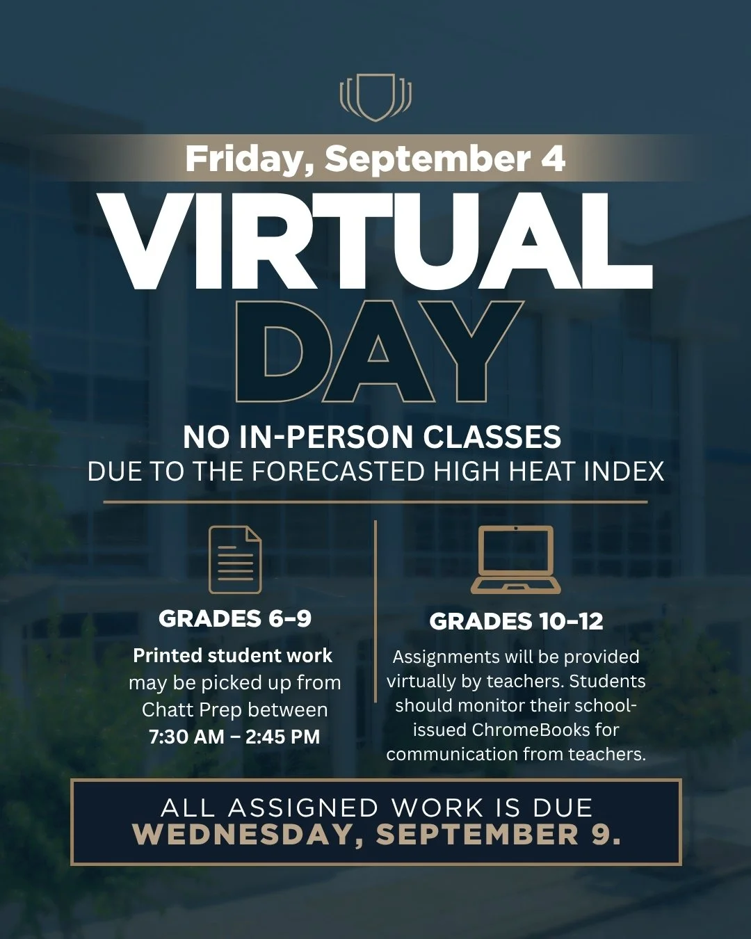 VIRTUAL DAY TOMORROW: Due to the forecasted high heat index and out of an abundance of caution for the health and safety of our scholars and staff, Chattanooga Preparatory School will be closed for in-person learning tomorrow, Friday, September 4. Al
