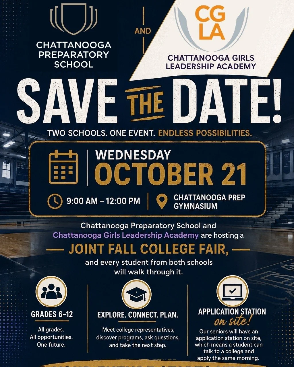 Two schools. One event. Countless possibilities. Chattanooga Preparatory School is partnering with @cgla_chatt  for a Joint Fall College Fair on Wednesday, October 21. Scholars in grades 6&ndash;12 will have the opportunity to meet college representa
