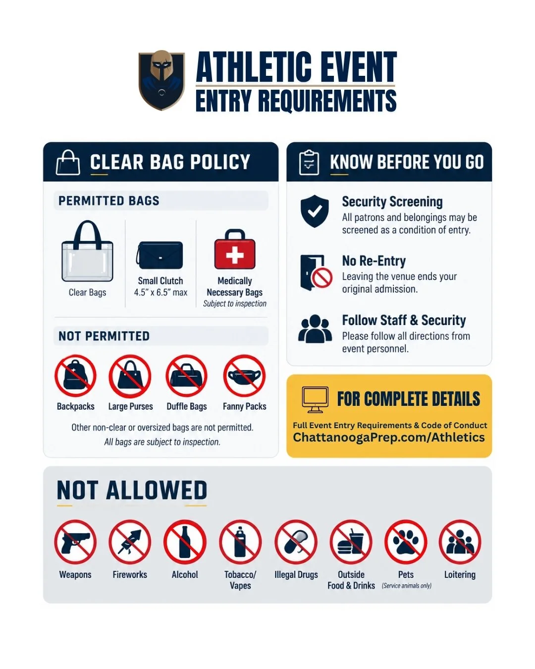 Chatt Prep Athletics has updated its Athletic Event Entry Requirements for the 2026&ndash;2027 school year. Please review the Clear Bag Policy, security screening procedures, no re-entry policy, and prohibited items before attending your next Chatt P
