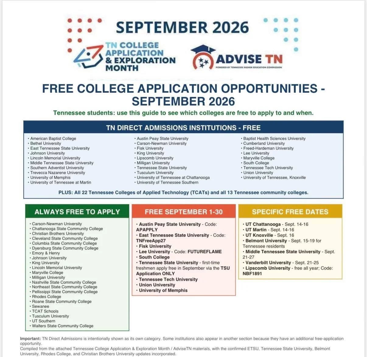 September is College Application &amp; Exploration Month in Tennessee, and there are plenty of opportunities for scholars to apply to colleges for FREE.  Check out the list of free application opportunities and dates for September 2026. Scholars and 