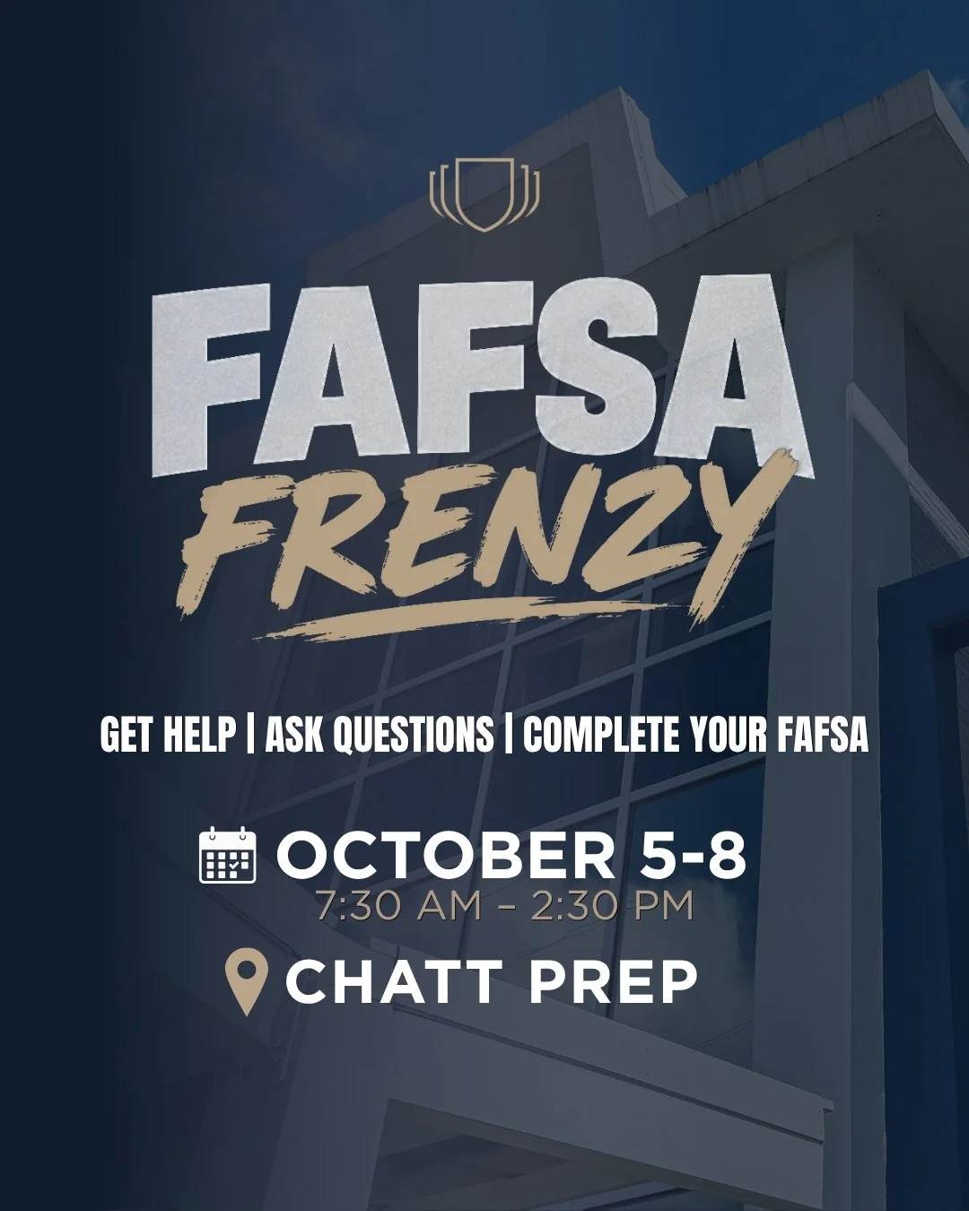FAFSA Frenzy is coming to Chatt Prep! Senior families, stop by October 5&ndash;8 from 7:30 AM&ndash;2:30 PM for assistance completing your FAFSA. We&rsquo;ll be available to help answer questions and guide you through the process. Not sure what to br