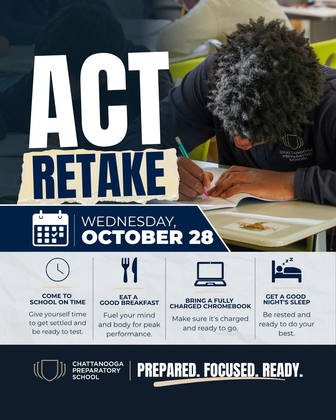 Seniors, it's time to get ready! The ACT Retake is happening Wednesday, October 28, right here on campus! Get a good night's sleep, eat breakfast, charge your Chromebook, and arrive at school on time. Let's finish strong, Sentinels!