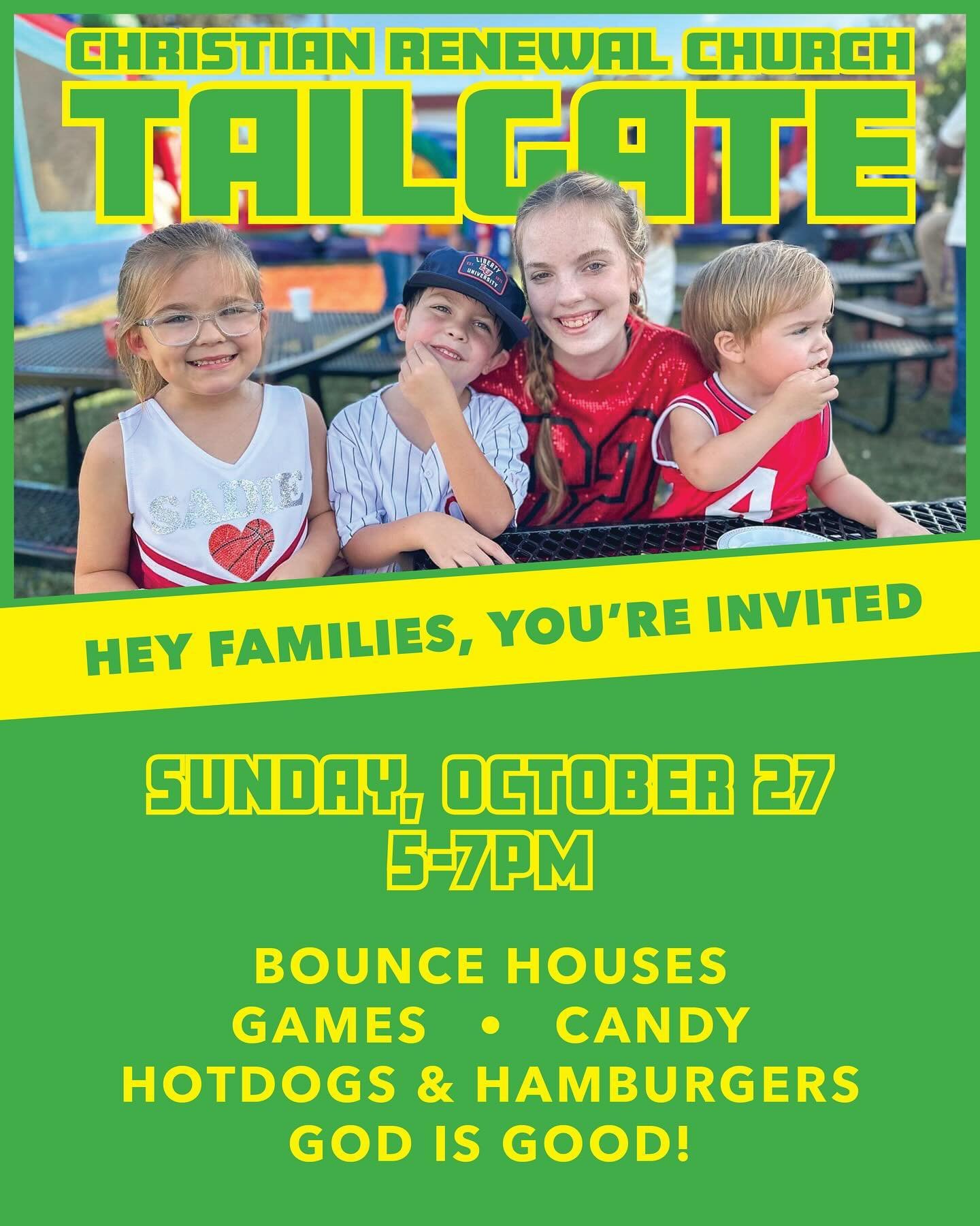 🍬🛻🌭 Tailgate is this Sunday! 

The bounce houses are coming out. Trunks are decorated. Games are prepped. The candy is abundant. Hotdogs &amp; hamburgers are ready for the grill. God is good! 

Join us from 5-7pm on Sun, Oct 27 for a fun time with