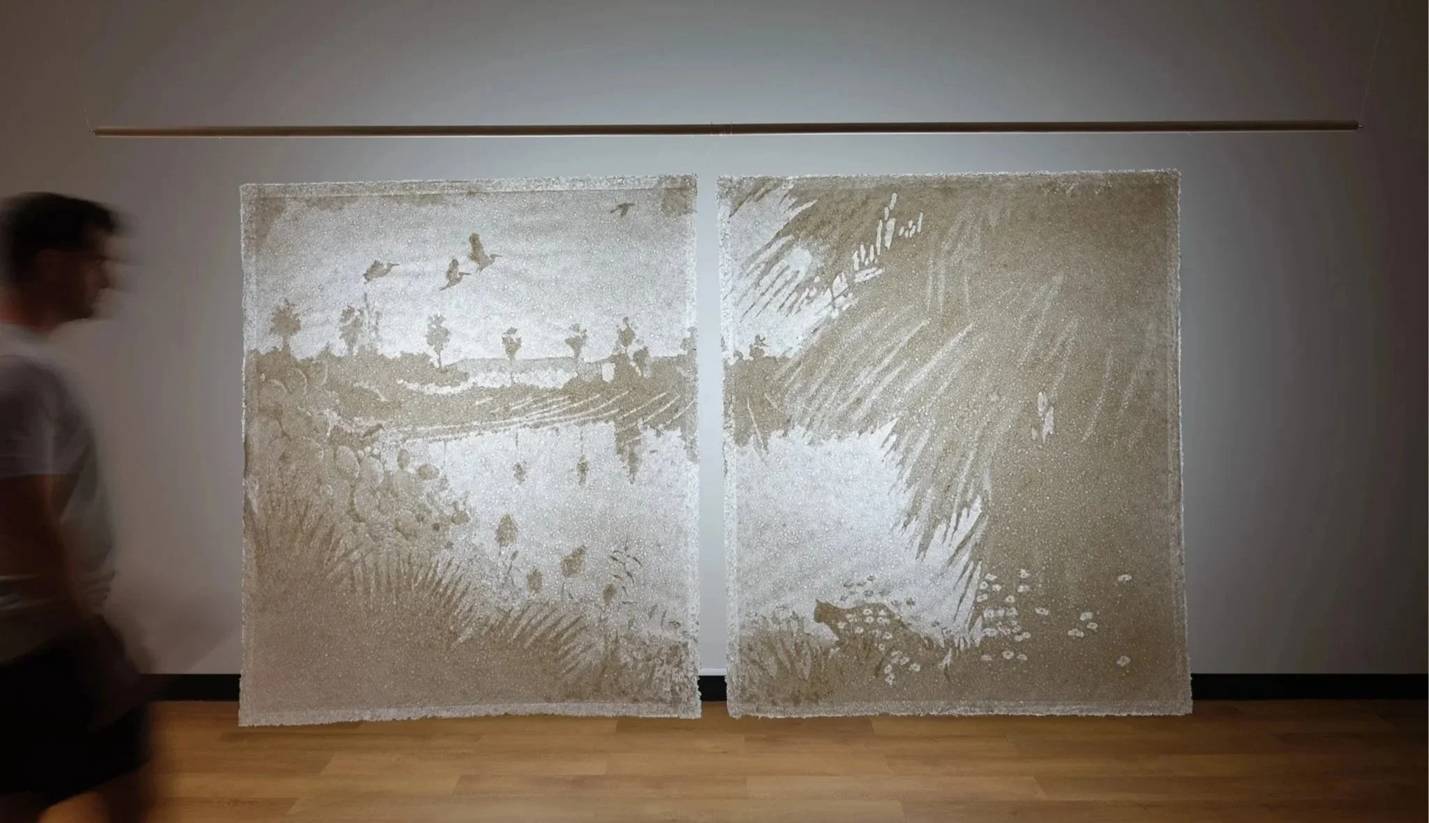 The Indigenous Bolero at Ma’agan Michael, 
2022–2024.  Handmade paper diptych, cotton thread.  