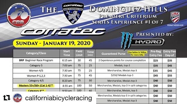 Support your local SoCal racing! CBR this weekend 🔥 
#Repost @californiabicycleracing with @get_repost
・・・
ONLINE REGISTRATION CLOSES in 2 Days for CBR Season Opener Jan 19th , 2020