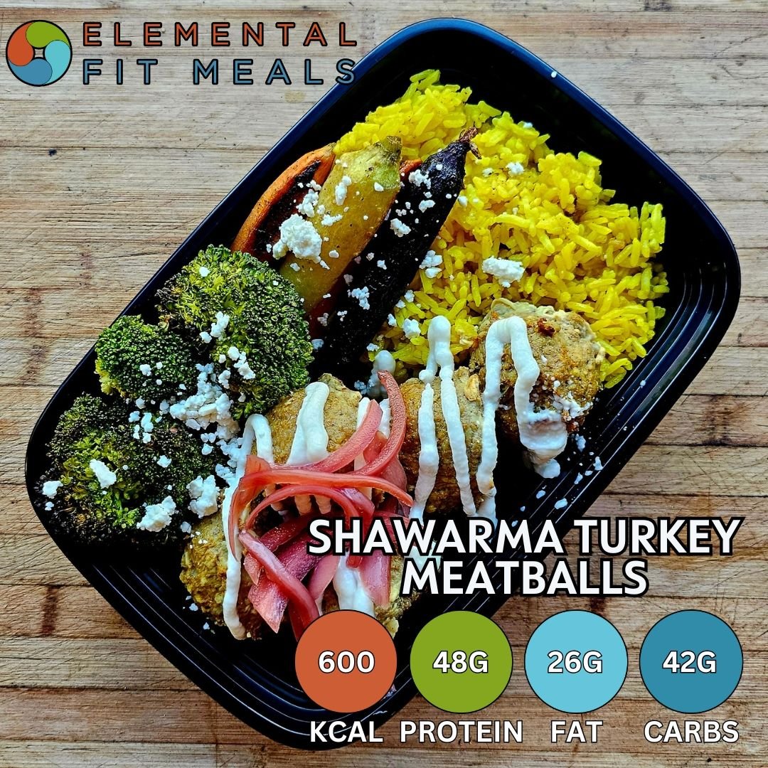 #NEW NEW NEW! Try our Shawarma Turkey Meatballs, served with Feta Roasted Vegetables, Yellow Rice, Topped with Lemon Garlic Sauce and Pickled Red Onions.
#Healthyeating doesn't have to be boring...
www.elementalfitmeals.com
#mealprep #breakfastofc