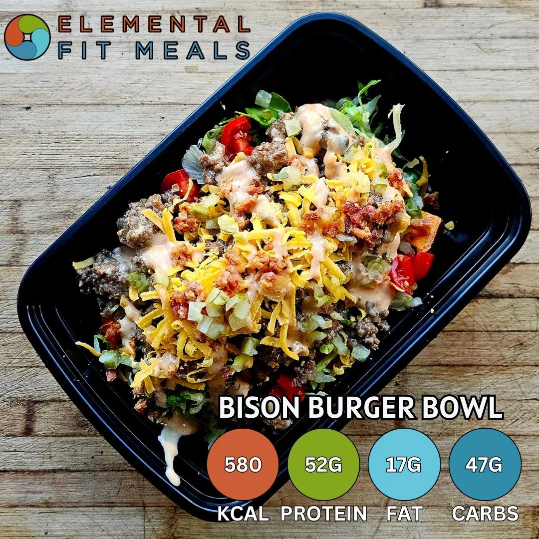 #NEW NEW NEW! BISON BURGER BOWL. Ground Bison  Burger Mix, Roasted Sweet Potatoes, Lettuce, Tomato, Shredded Cheese, Diced Pickles, Crumbled Bacon, Low Calorie Burger Sauce.

#Healthyeating doesn't have to be boring...
www.elementalfitmeals.com

#mea