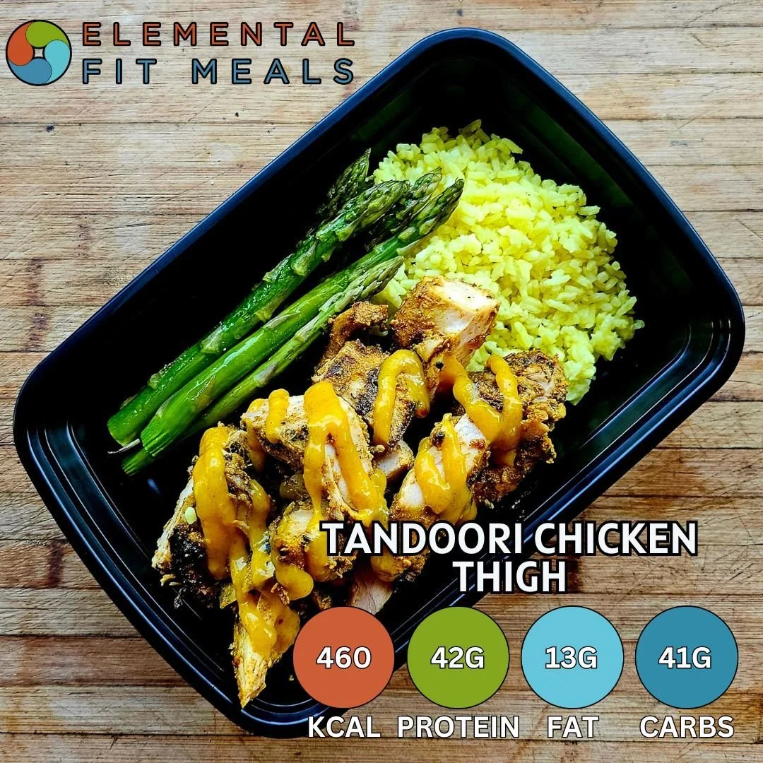 #NEW NEW NEW! Tandoori Chicken Thigh, Roasted Vegetables, Yellow Turmeric Rice, Topped with a House-Made Mango Chutney Sauce.

#Healthyeating doesn't have to be boring...
www.elementalfitmeals.com

#mealprep #breakfastofchampions #eattherainbow #high
