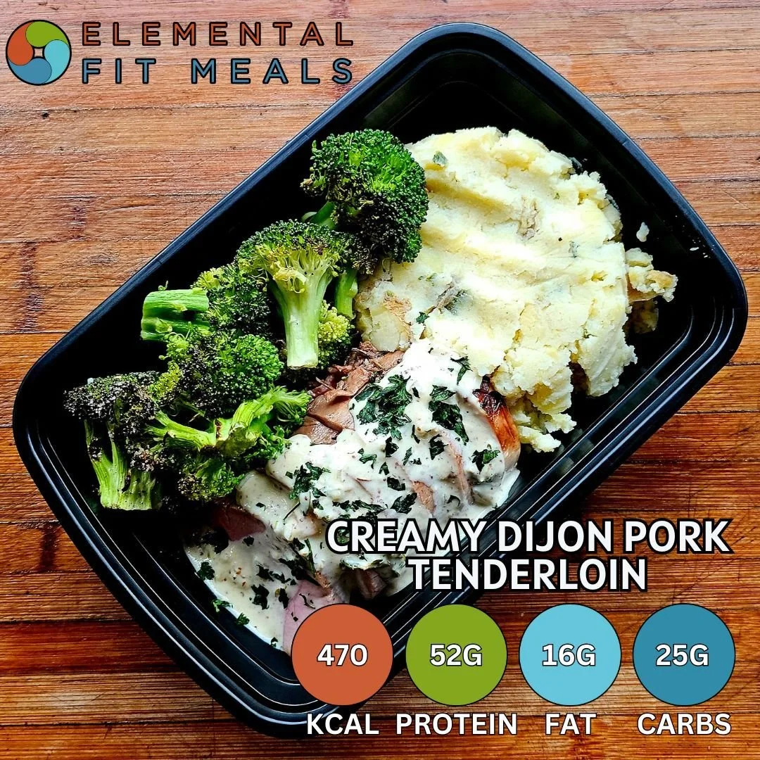 #NEW NEW NEW! #Comfortfood at it finest. Slow Roasted Pork Tenderloin, Roasted Vegetables, Garlic Mash Potatoes, Topped with a Creamy Dijon Mustard Thyme Sauce.

#Healthyeating doesn't have to be boring...
www.elementalfitmeals.com

#mealprep #breakf