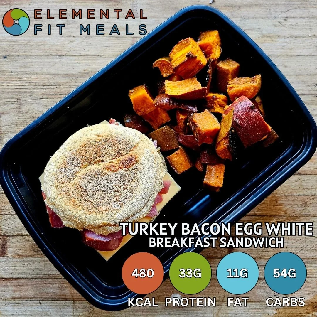 Start your day off right with our #NEW Turkey Bacon Egg White Breakfast Sandwich, served with a side of Roasted Sweet Potatoes.

#Healthyeating doesn't have to be boring...
www.elementalfitmeals.com

#mealprep #breakfastofchampions #eattherainbow #hi