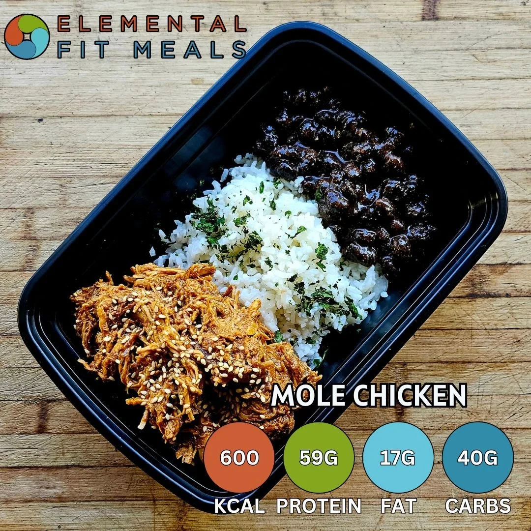 #NEW NEW NEW! Mole Shredded Chicken. Slow cooked chicken breast in a rich mole sauce, seasoned black beans, cilantro lime rice.

#Healthyeating doesn't have to be boring...
www.elementalfitmeals.com

#mealprep #breakfastofchampions #eattherainbow #hi