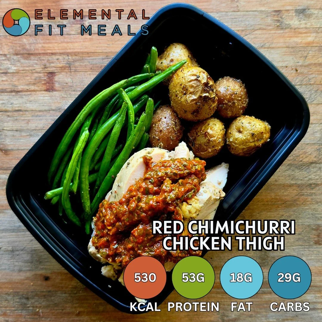 Savor the flavor with our Red Chimichurri Chicken Thigh! Packed with 53g of protein, this meal is perfect for fueling your day. Enjoy the balance of 530 kcal, 18g of fat, and 29g of carbs. Who's ready to dig in? 🍽️ #ElementalFitMeals #HealthyEats #H