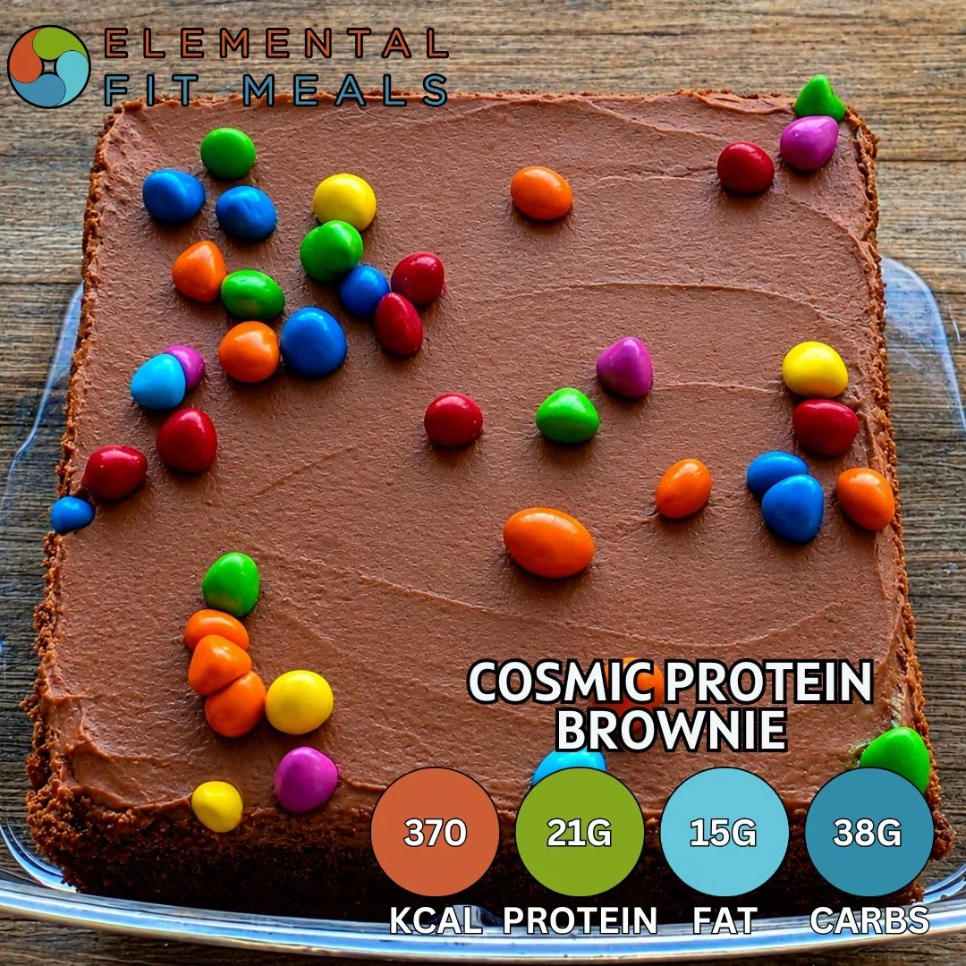 A childhood favorite with a #protein boost! Sometimes you just need a little nostalgia. Check out our #NEW Cosmic Protein Brownie.

#mealprep #highprotein #southOC #healthycatering #cosmicbrownie