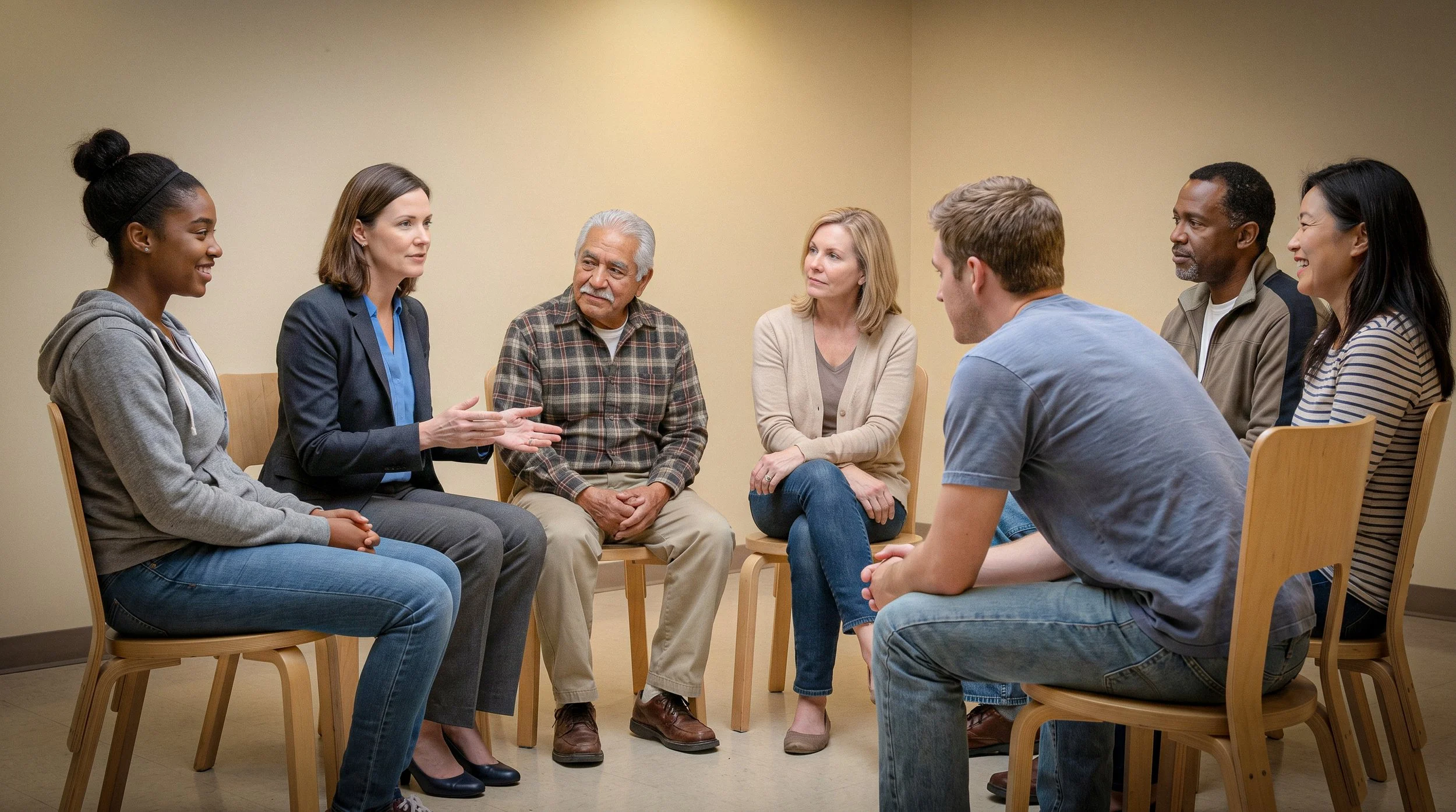 A picture of a group of diverse people participating in a group therapy session