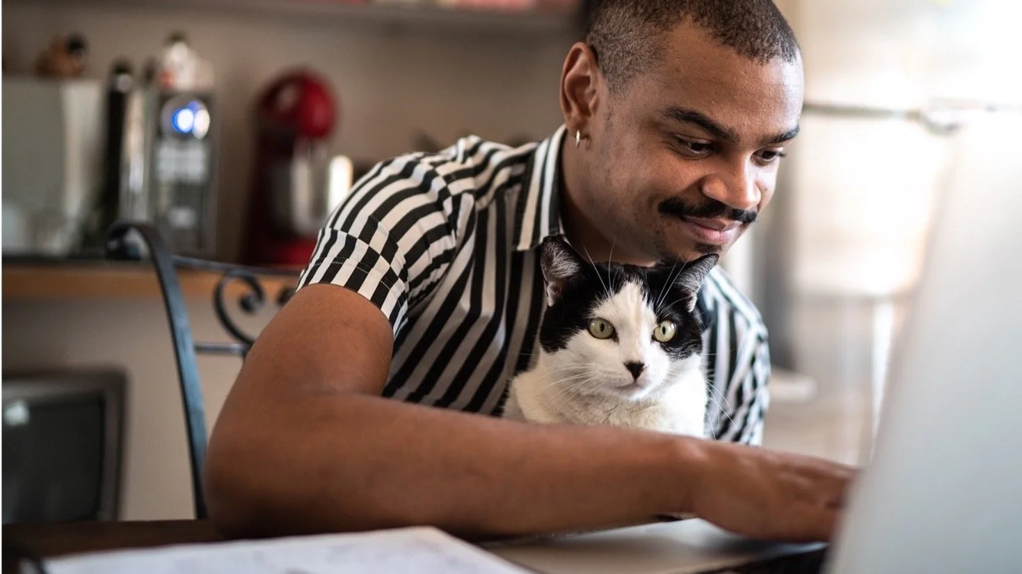 A man with a striped shirt working on a laptop with a black and white cat sitting on the table beside him.
