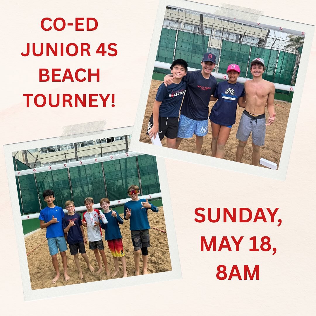 Co-ed Junior 4s
Sunday, May 18, 2025
8am (7:30 check-in)
Members only, free to enter
Signup at link in bio by Friday, 5/16

Super fun format - random draw with boys and girls of varying ages
Separate U12 &ldquo;King of the Beach&rdquo; tourney on bab