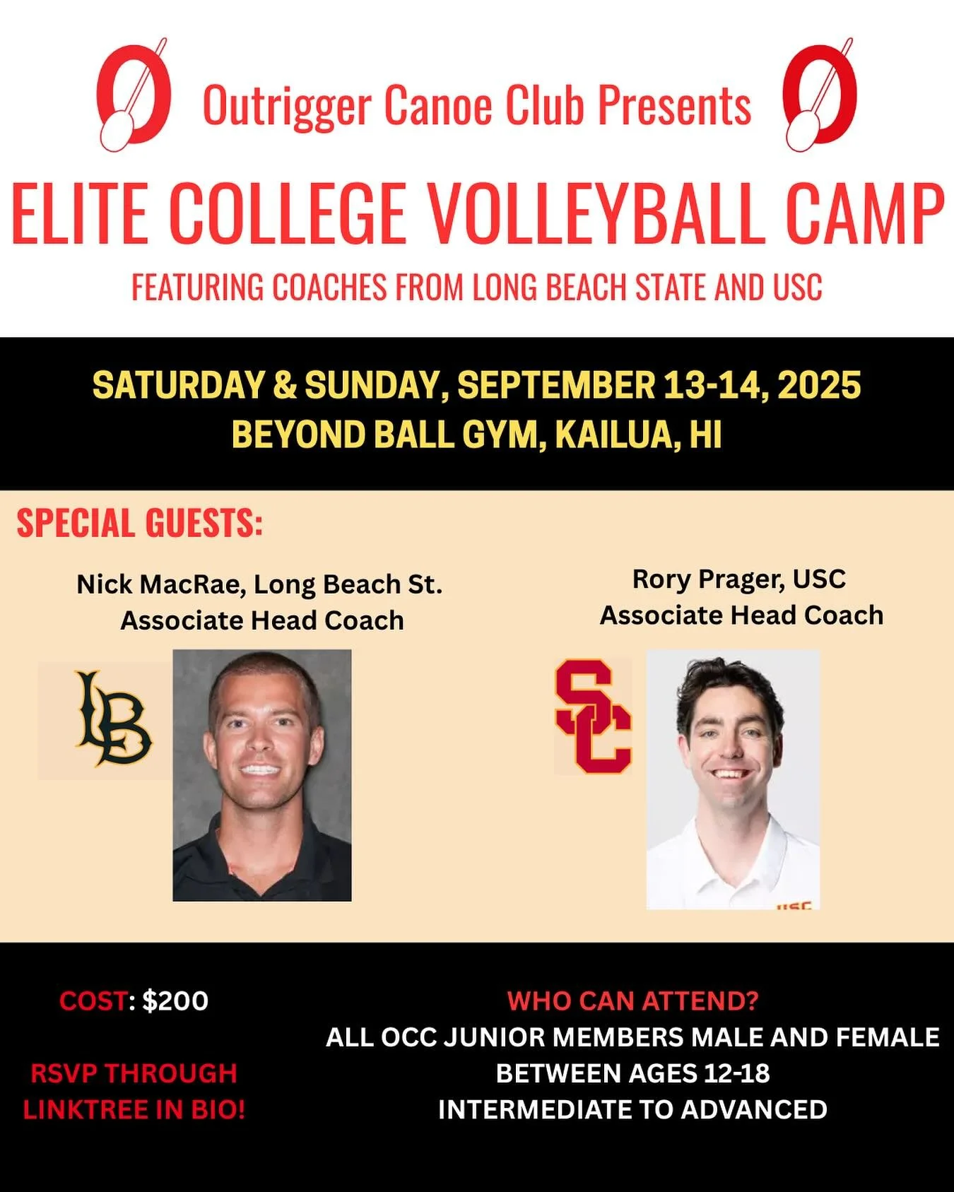🚨 NEW CAMP ALERT! 🚨 

We&rsquo;re bringing out two of the top NCAA coaches for an exclusive Outrigger Elite College Camp - right here in Hawai&rsquo;i! 

Special Guest Coaches: 
@nick.mac.rae 
@roryprager 

Two training sessions + College Recruitin