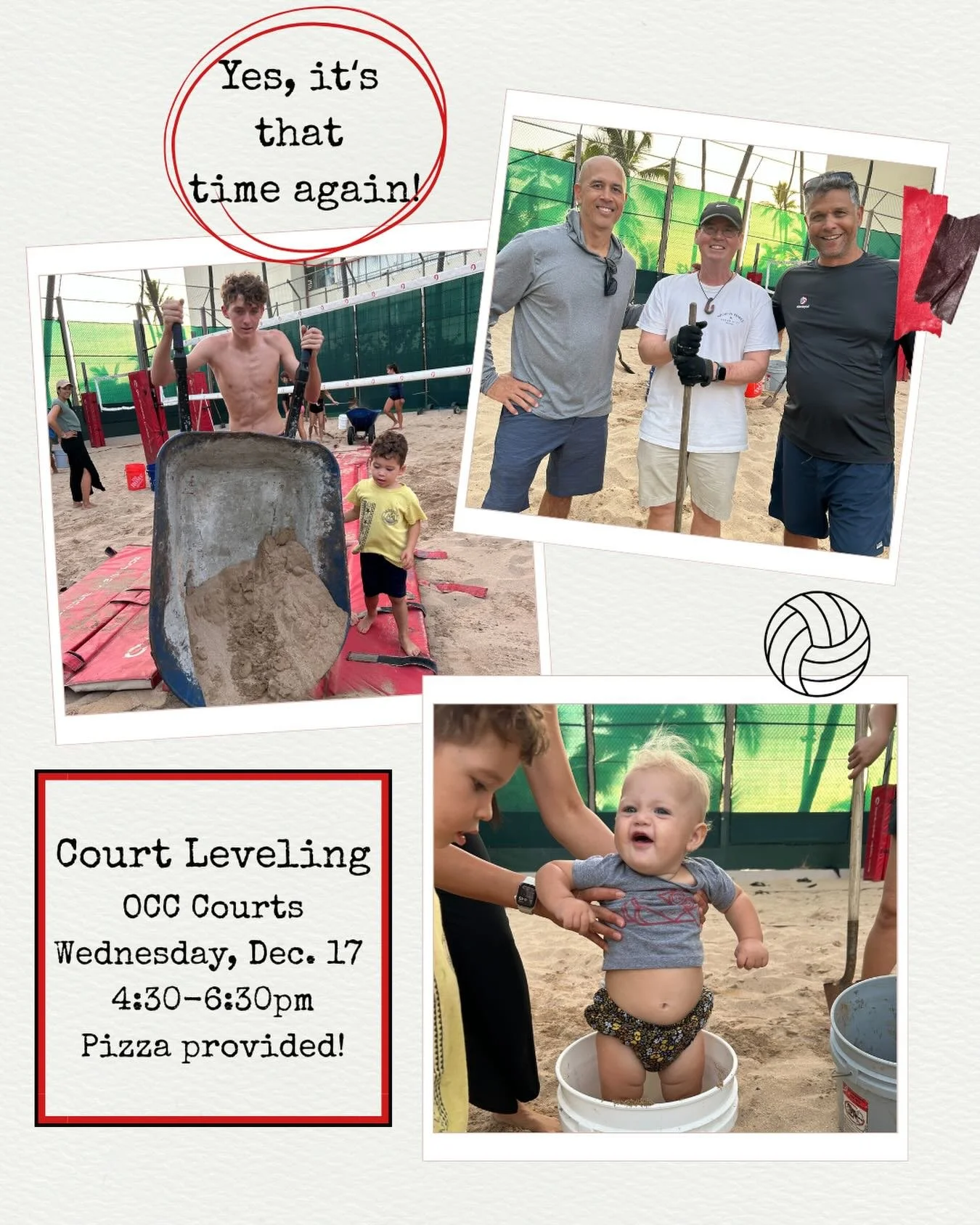 Hey Outrigger Volleyball friends, it&rsquo;s Court Leveling time again! If you use these beautiful courts, please put this in your calendar and be there to chip in. 

Sand needs to be leveled, debris needs to be removed, and you will see some new and