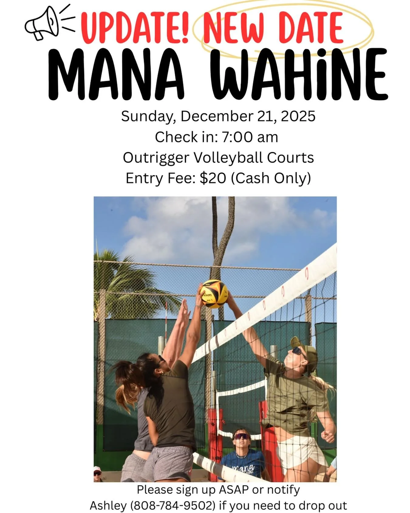 🚨🚨🚨 IMPORTANT UPDATE!!! 🚨🚨🚨

The date of the women&rsquo;s Mana Wahine 4s tournament has been changed from December 27 to December 21. (There weren&rsquo;t enough players available on 12/27 so we would have had to cancel&hellip; more people can