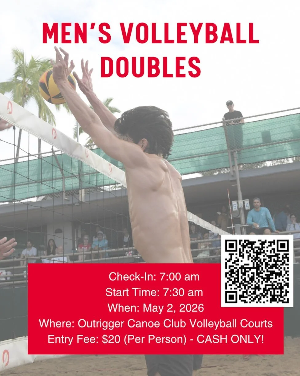 Find a partner and join us! 

Men&rsquo;s Beach Volleyball Tournament coming up on Saturday, May 2. Guests and members are welcome.

7:00am Check-In
7:30am Start
$40 per team, cash only 

Register at link in @outriggervolleyball Instagram Bio.