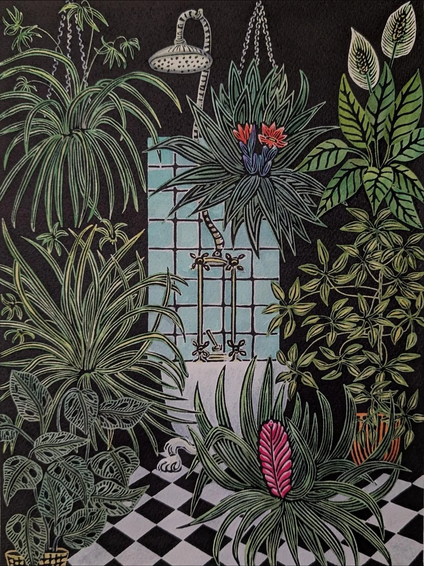 Following a chance conversation at the Private View of my recent solo exhibition with friends who were looking for a print for their bathroom, I made GREEN SANCTUARY. This is a linocut with watercolour of an imagined bathroom with lots of houseplants