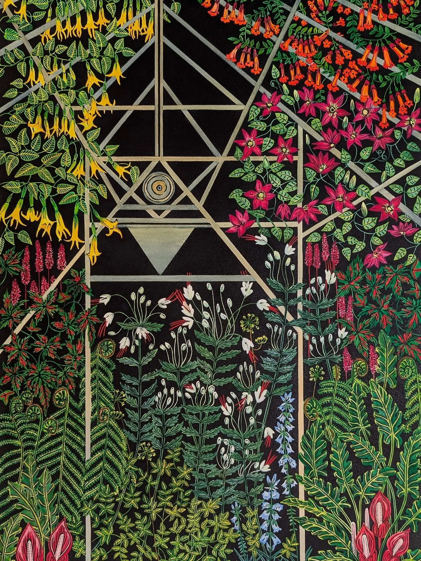 Botanical Symphony.
This is a print I made specially for my solo exhibition at The Stables Theatre in Milton Keynes. 
It combines architectural detail from The Stables music venue, with plants I selected for their musical connections.
The exhibition 