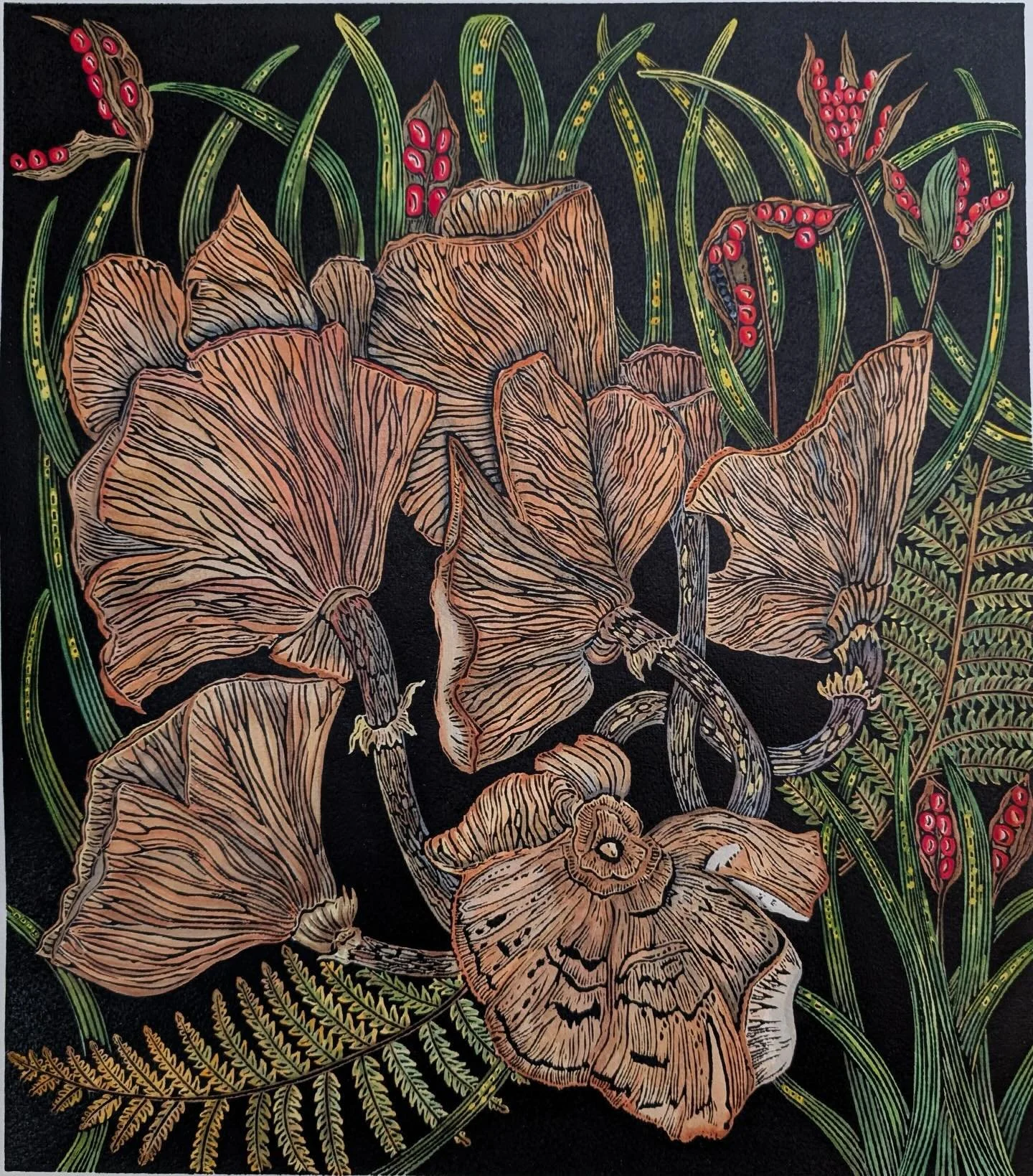 This has the imaginative 😑title: &ldquo;Autumn Garden-Fungi&rdquo; and will be my last completed print of 2025.
Bit of a scramble to finish it in time for submitting to The Drawing Society (SGFA) annual exhibition 😱
If you&rsquo;re thinking of appl