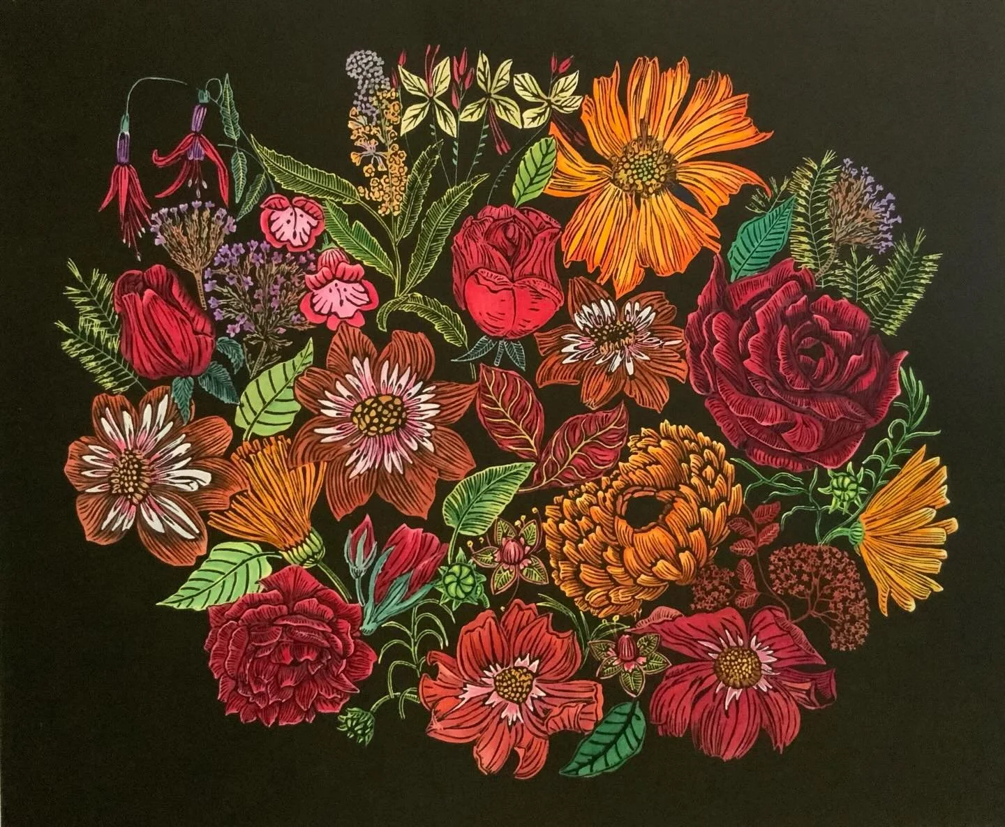 Here&rsquo;s some art for World Art Day. This is a newish print&hellip; linocut with watercolour, inspired by beautiful flowers from @katharinesorensen bee friendly garden.
#worldartday #linocut #beefriendlyflowers #wildlifegardening #watercolourflow